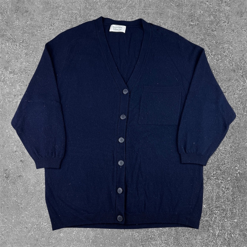 United Colors of Benetton Cardigan Womens Large Navy Blue Lambswool V-Neck Italy